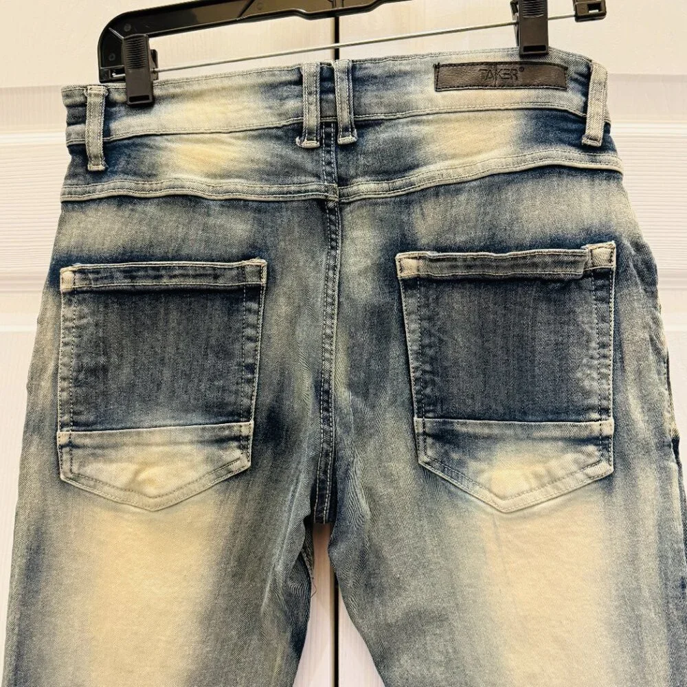 TAKER Blue Distressed Men's Jeans 30x32  (32 inseam/ 30 waist measured) stretch - Picture 11 of 15